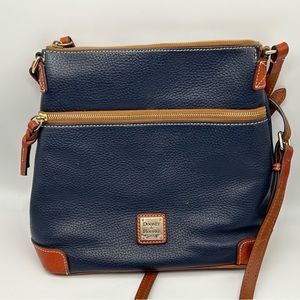 Navy Blue leather crossbody, with a zipper pocket on the inside and outside